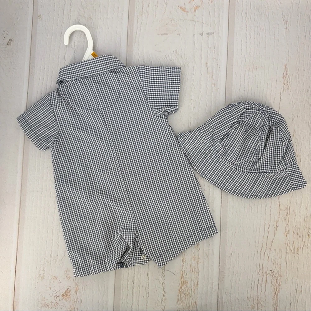 Carter’s 3M Gingham Romper +‎ Hat Baby Outfit Blue White Pre-Owned
